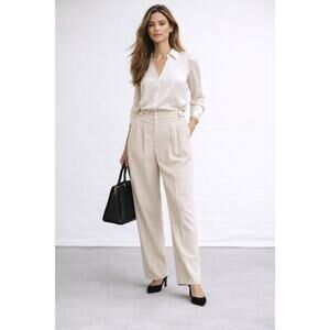 Together Linen Blend Pants Women Sz 6 Oatmeal High Rise Pleated Minimal Career